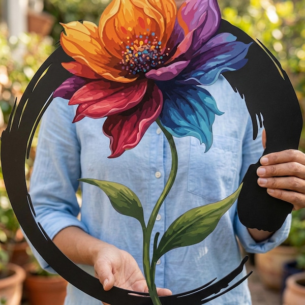 Colorful Floral Metal Wall Art – UV Printed Steel Botanical Decor – Modern Round Garden Sign