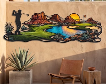 Desert Golf Course Metal Wall Art, Panoramic Canyon Landscape Sculpture