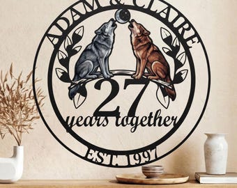 Cartello in metallo personalizzato con coppia di lupi, decorazione murale per il 27° anniversario