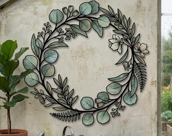 Eucalyptus Wreath Metal Wall Art, Botanical Garden Decor, Laser-Cut Floral Hanging