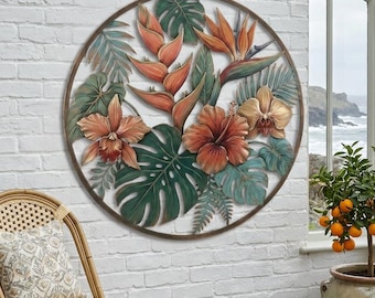 Tropical Floral Metal Wall Art, Colorful Botanical Garden Decor, Laser-Cut Nature Piece