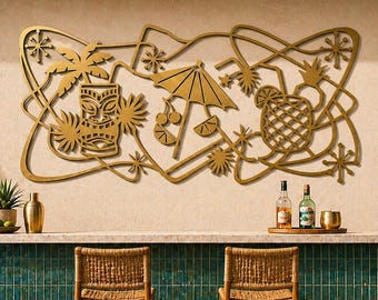 Decoración de pared metálica estilo tiki moderno de mediados de siglo, decoración de bar tropical atómica, letrero para patio junto a la piscina.