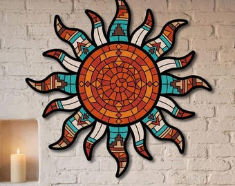 Turquoise Sun Metal Wall Art, Ceramic Tile Mosaic, Southwestern Decor