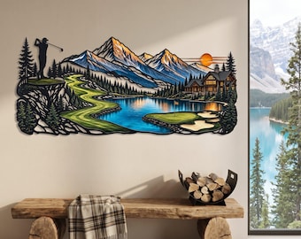 Mountain Golf Course Metal Wall Art, Panoramic Landscape Sculpture Colorful Outdoor