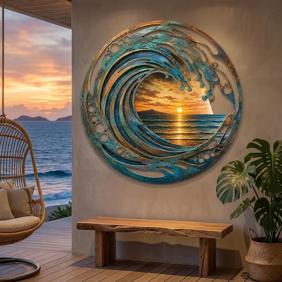 Ocean Portal Metal Wall Art, Coastal Seascape, Laser-Cut Metal Decor, Beach House Accent