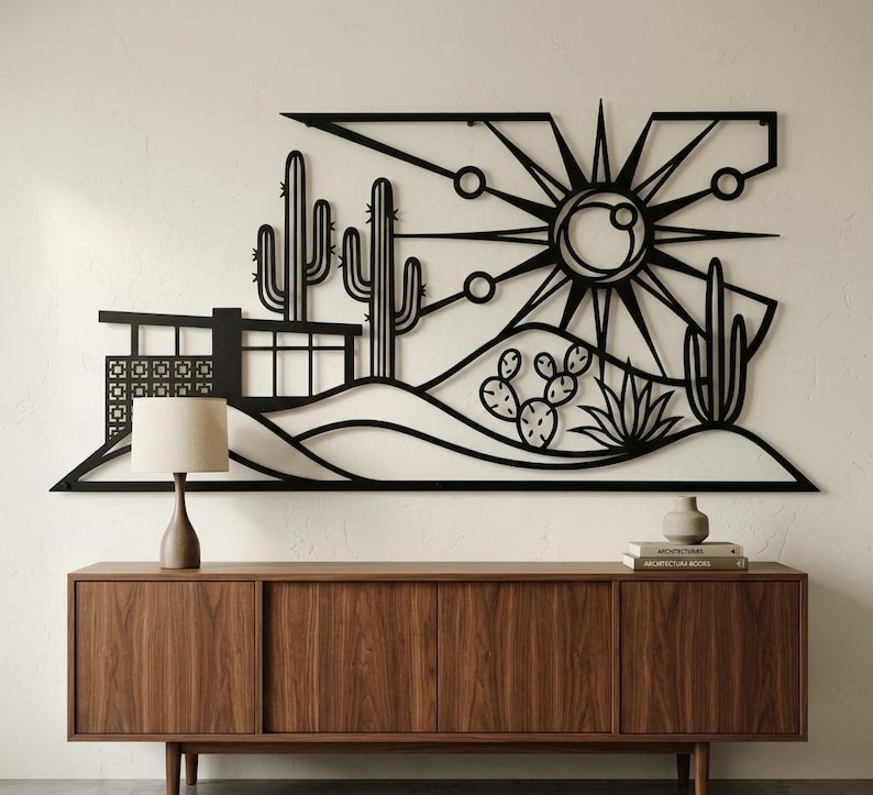 Mid Century Modern Metal Wall Art • Desert Cactus Landscape Decor - Etsy