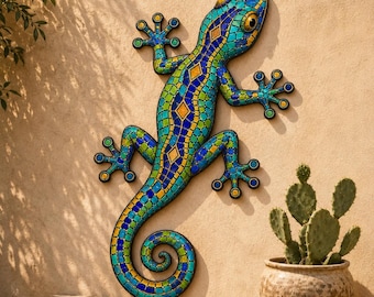 Colorful Mosaic Gecko Metal Wall Art, Tropical Southwest Patio Decor