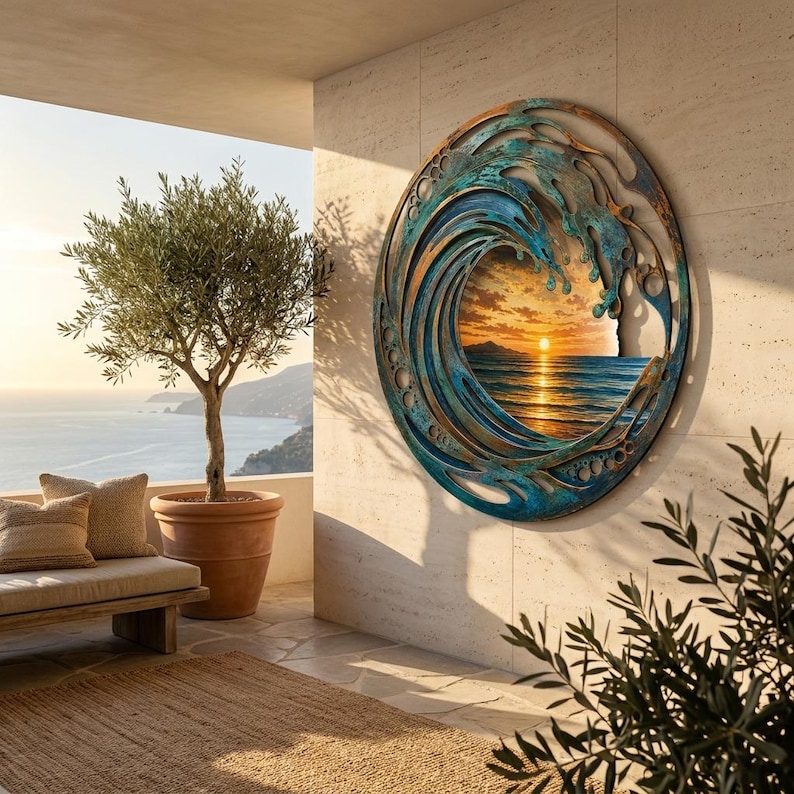 May include: A circular wall art piece featuring a layered, oxidized copper-toned metal frame shaped like a crashing wave. The center displays a vibrant sunset over the ocean, with golden light reflecting on the water and a clear horizon line.