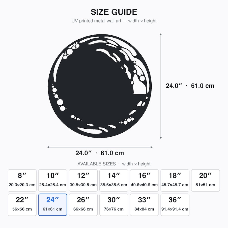 May include: A size guide for UV printed metal wall art featuring a circular black graphic. The chart displays dimensions in inches and centimeters, including a 24.0 inch by 24.0 inch option. Available sizes range from 8 inches to 36 inches.