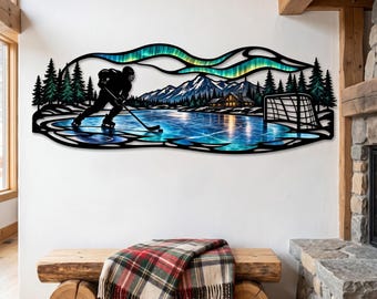 Northern Lights Ice Hockey Rink Metal Wall Art, Winter Sports Decor