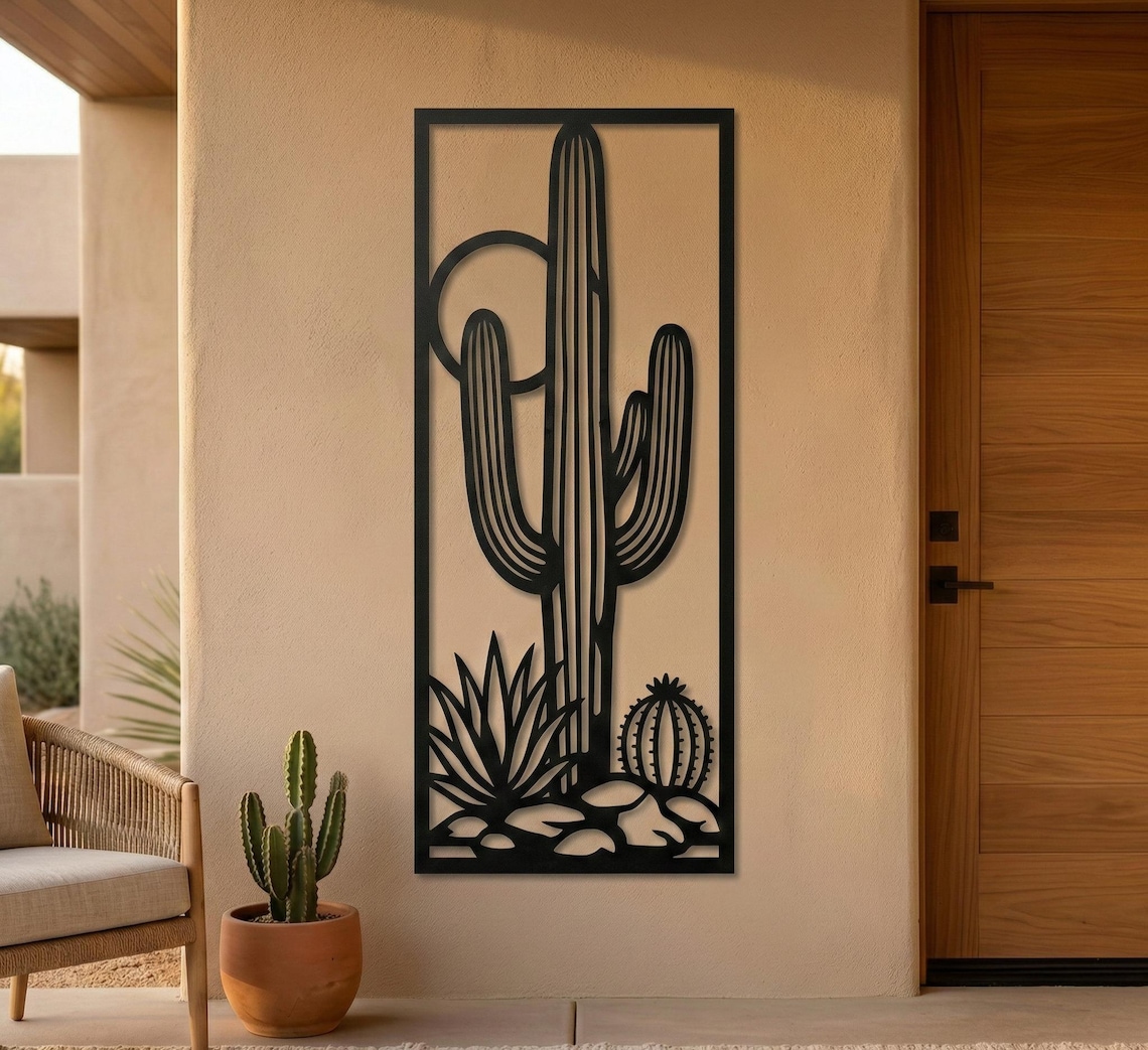 Southwestern Cactus Metal Wall Art, Vertical Desert Decor, Steel ...