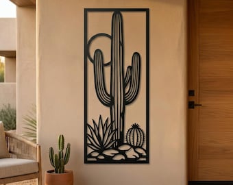 Southwestern Cactus Metal Wall Art, Vertical Desert Decor, Steel Saguaro Panel