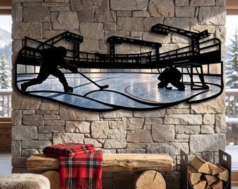 Ice Hockey Metal Wall Art, Frozen Arena Sculpture, Matte Black Laser-Cut Decor