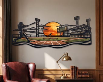 Baseball Stadium Metal Wall Art, Sunset Ballpark Decor, Man Cave Sports Decor