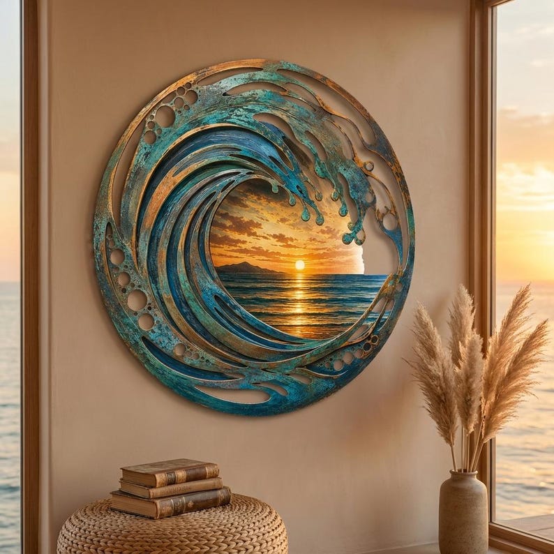 May include: A circular wall art piece featuring a stylized, cut-out metal wave frame in shades of teal, blue, and bronze. The center of the frame displays a printed image of a sunset over the ocean with a bright sun on the horizon.