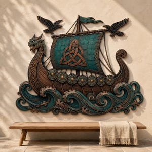 Op de afbeelding: Een decoratief wandpaneel met een bronskleurig Vikingschip met een drakenkop als boeg, een groenblauw zeil met een bruin triquetra-symbool en twee zwarte raven die erboven vliegen. Het schip is geplaatst op gestileerde groenblauwe golven.