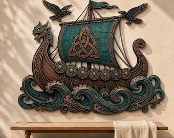 Viking Ship Metal Wall Art, Norse Longship Decor, Celtic Knot Sign, Dragon Raven Waves