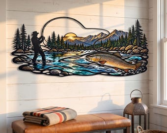 Trophy Trout Metal Wall Art, Fly Fishing Lodge Decor, Panoramic River Sculpture