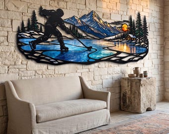 Mountain Pond Hockey Metal Wall Art, Alpine Winter Landscape, Laser-Cut Metal Sculpture