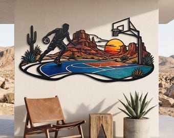 Desert Sunset Basketball Court Metal Wall Art, Southwestern Sports Decor