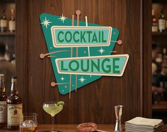 Insegna personalizzata in stile Mid-Century per cocktail bar – Decorazione murale in acciaio con stelle atomiche