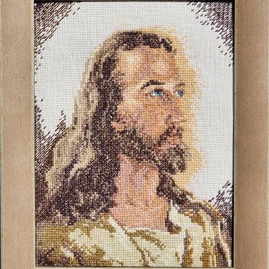 May include: A framed cross-stitch embroidery of a man with long brown hair and a beard. He is wearing a light brown robe and looking to the right. The background is white.