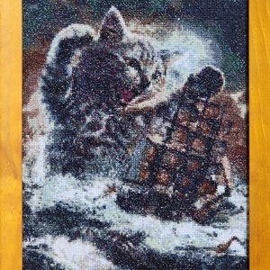 May include: A framed diamond painting depicting a wolf howling at the moon. The wolf is in the foreground, with a snowy landscape in the background. The painting is done in shades of blue, white, and gray.