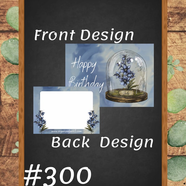 Happy Birthday Card - July - Larkspur - Glass Cloche - 7" x 5" Digital PNG Download - DIY Printable