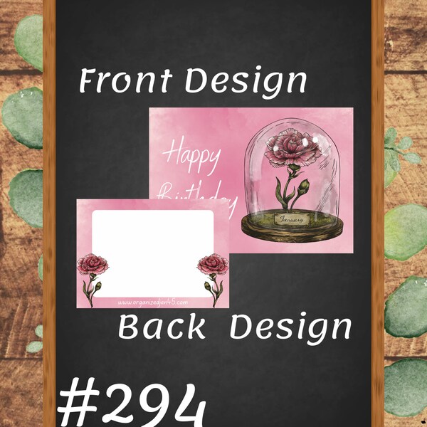 Happy Birthday Card - January - Carnation - Glass Cloche - 7" x 5" Digital PNG Download - DIY Printable