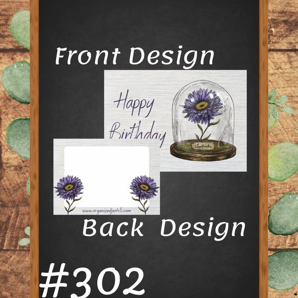 Happy Birthday Card - September - Aster - Glass Cloche - 7" x 5" Digital PNG Download - DIY Printable