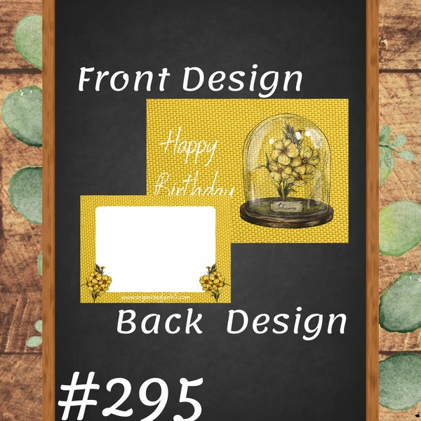 Happy Birthday Card - February - Yellow Violet - Glass Cloche - 7" x 5" Digital PNG Download - DIY Printable