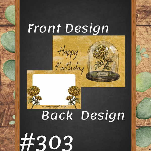 Happy Birthday Card - October - Marigold - Glass Cloche - 7" x 5" Digital PNG Download - DIY Printable