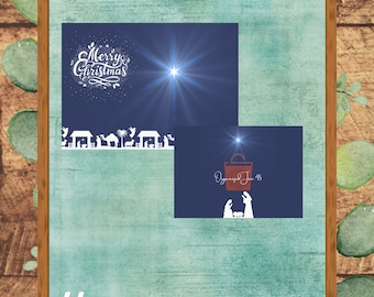 Kerstkaart - Bethlehem - Blauw - 7" x 5" Digitale PNG Download Kerststal Drie Wijze Mannen - DIY Afdrukbaar