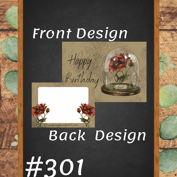 Happy Birthday Card - August - Poppy - Glass Cloche - 7" x 5" Digital PNG Download - DIY Printable