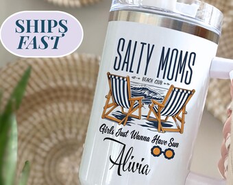 Salty Beach Mom Personalized Tumbler Custom Mom 40oz Travel Tumbler With Handle Custom Vacay Tumbler Beach Mom Cup Mom Cruise Tumbler