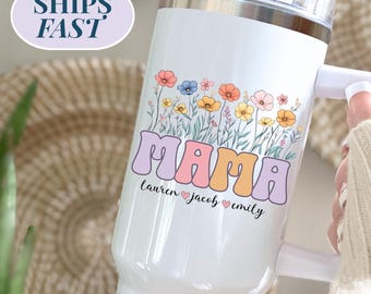 Personalized Mama Tumbler, Custom Kids Name Wildflower Travel Cup