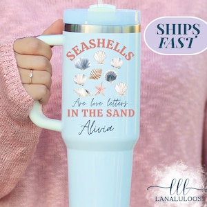 Personalized Seashell 40oz Tumbler with Handle Custom Beach Cup with Name Summer Travel Tumbler Couple Tumbler Seashell Tumbler Vacation Cup