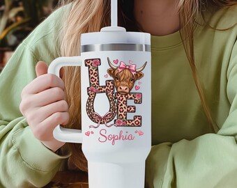 Personalized Cow Love 40 oz Tumbler With Handle, Custom Name Western Valentine Cup, Cute Highland Cow Gift for Her