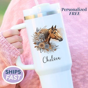 Just A Girl Horse Lover Tumbler With Handle Custom Quencher Horse Travel Tumbler Personalized 40 oz Horse Tumbler Cup Equestrian Coach Gift