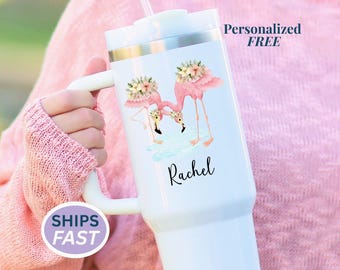 Personalized Flamingo Vacation Tumbler: 40 oz Reusable Beach Cup