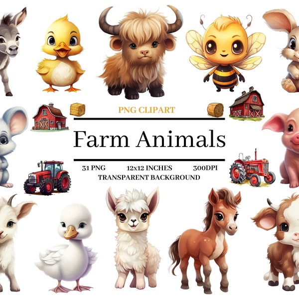 Cute Farm Animals Clipart Bundle Farm Animals PNG Farm Nursery Decor with Coloring Pages Instant download for commercial use