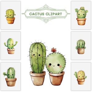 Lindo paquete de imágenes prediseñadas de cactus Kawaii de acuarela PNG, imágenes prediseñadas de plantas para uso comercial, descarga digital