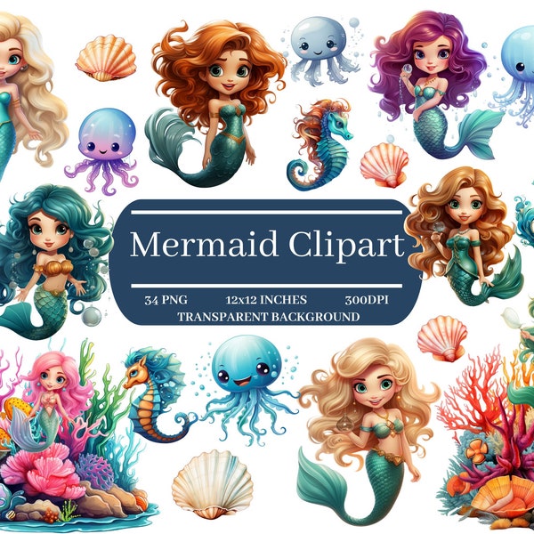 Mermaid Clipart, Cute Mermaid PNG, Ocean Clipart, Instant Download for Commercial Use