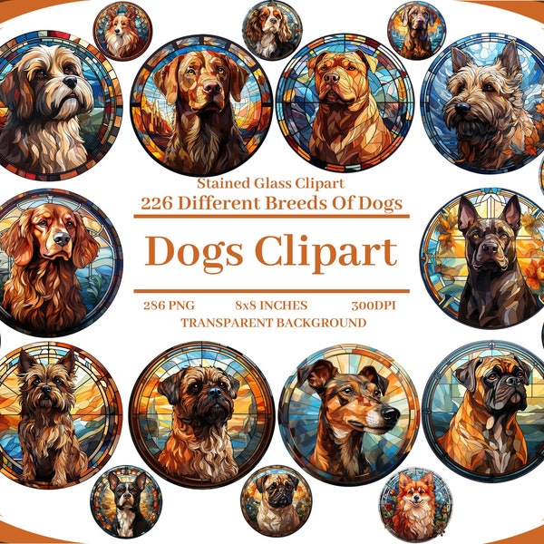 226 Unique Stained Glass Dog Breed Portraits Clipart PNG Bundle - High-Resolution Art for Dog Lovers