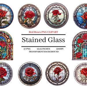 Red Rose Stained Glass Windows Clipart - Digital Planner, Junk Journals, Apparel, Wall Art - Digital Download for Commercial Use