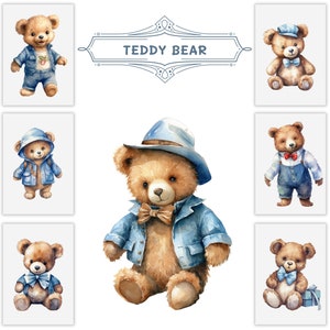25 Cute Watercolor Blue Teddy Bear Clipart JPG+PNG Bundle, Nursery Decor for Commercial Use, Digital Download