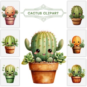 Leuke Kawaii Cactus Clipart Bundel, Cactus PNG voor commercieel gebruik, Instant Download