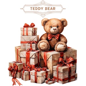 Ours en peluche aquarelle avec des cadeaux Clipart Bundle PNG, Clipart Noël, téléchargement numérique