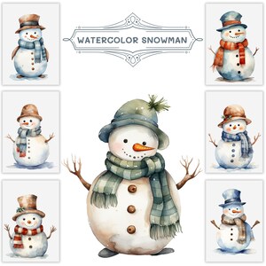 Watercolor Cute Snowman Clipart Bundle PNG, Winter Clipart, Snowman Designs for Commercial Use, Digital Download