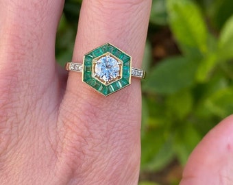 Natural Hexagon Emerald ring, Diamond engagement ring with halo setting | 18k gold Band with Natural Emerald and Diamond | Purpose Ring